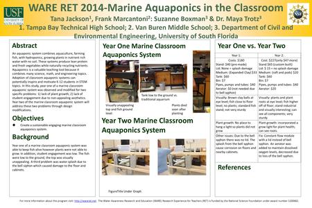 WARE RET 2014-Marine Aquaponics in the Classroom Tana Jackson 1, Frank Marcantoni 2 : Suzanne Boxman 3 & Dr. Maya Trotz 3 1. Tampa Bay Technical High School;