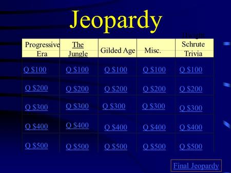 Jeopardy Progressive Era The Jungle Gilded Age Misc. Dwight Schrute Trivia Q $100 Q $200 Q $300 Q $400 Q $500 Q $100 Q $200 Q $300 Q $400 Q $500 Final.