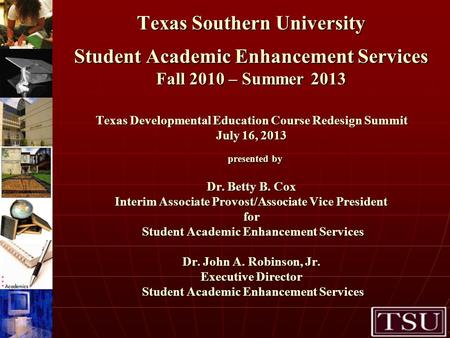 Texas Southern University Student Academic Enhancement Services Fall 2010 – Summer 2013 Texas Developmental Education Course Redesign Summit July 16, 2013.