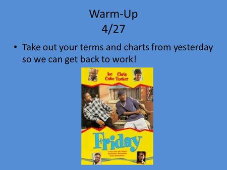 Warm-Up 4/27 Take out your terms and charts from yesterday so we can get back to work!