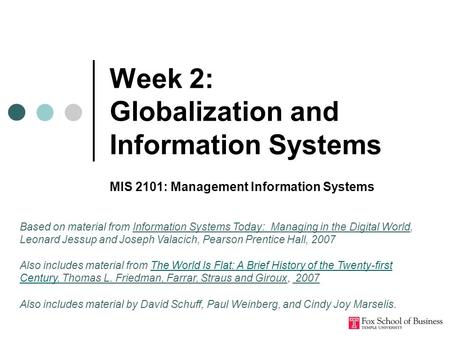 Week 2: Globalization and Information Systems MIS 2101: Management Information Systems Based on material from Information Systems Today: Managing in the.