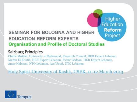 SEMINAR FOR BOLOGNA AND HIGHER EDUCATION REFORM EXPERTS Organisation and Profile of Doctoral Studies Salzburg Principles Chafic Mokbel, University of Balamand,