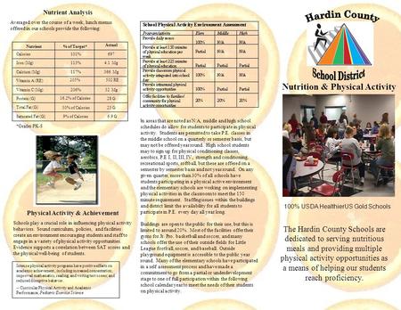 Nutrition & Physical Activity Report Card 2006 The Hardin County Schools are dedicated to serving nutritious meals and providing multiple physical activity.