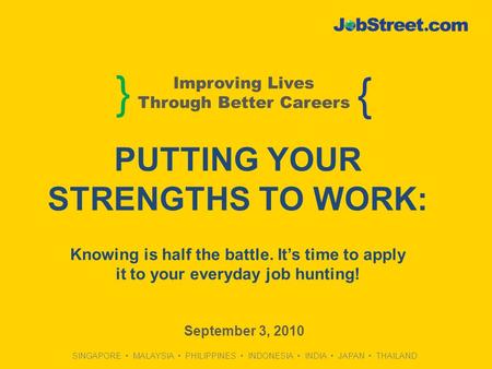 SINGAPORE MALAYSIA PHILIPPINES INDONESIA INDIA JAPAN THAILAND } { Improving Lives Through Better Careers PUTTING YOUR STRENGTHS TO WORK: Knowing is half.