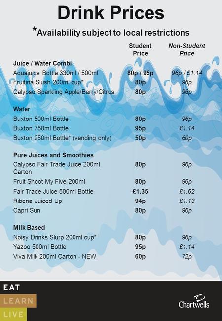 Drink Prices * Availability subject to local restrictions Student Price Non-Student Price Juice / Water Combi Aquajuice Bottle 330ml / 500ml80p / 95p96p.