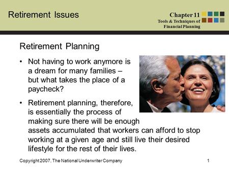 Retirement Issues Chapter 11 Tools & Techniques of Financial Planning Copyright 2007, The National Underwriter Company1 Retirement Planning Not having.
