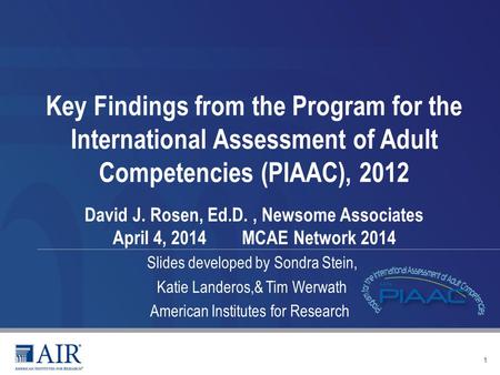 Slides developed by Sondra Stein, Katie Landeros,& Tim Werwath American Institutes for Research 1 Key Findings from the Program for the International Assessment.