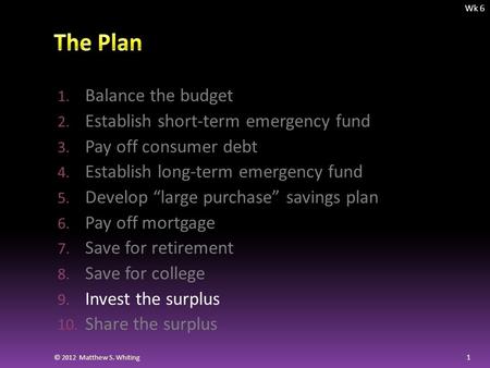 1. Balance the budget 2. Establish short-term emergency fund 3. Pay off consumer debt 4. Establish long-term emergency fund 5. Develop “large purchase”