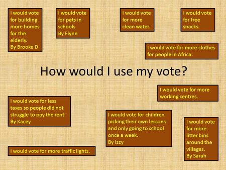 How would I use my vote? I would vote for building more homes for the elderly. By Brooke D I would vote for pets in schools By Flynn I would vote for more.