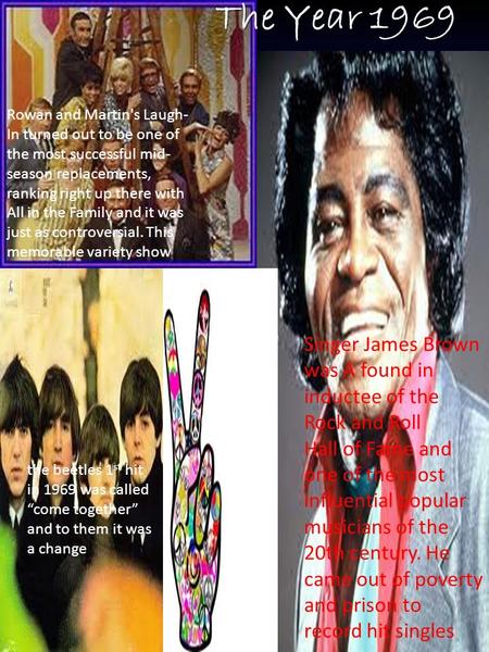The Year 1969 Singer James Brown was A found in inductee of the Rock and Roll Hall of Fame and one of the most influential popular musicians of the 20th.