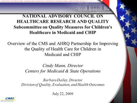 1 NATIONAL ADVISORY COUNCIL ON HEALTHCARE RESEARCH AND QUALITY Subcommittee on Quality Measures for Children's Healthcare in Medicaid and CHIP Overview.