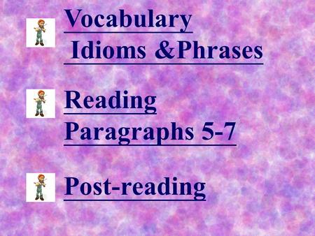 Vocabulary Idioms &Phrases Reading Paragraphs 5-7 Post-reading.