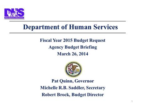 1 Department of Human Services Fiscal Year 2015 Budget Request Agency Budget Briefing March 26, 2014 Pat Quinn, Governor Michelle R.B. Saddler, Secretary.