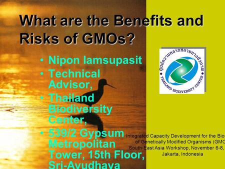 What are the Benefits and Risks of GMOs? Nipon Iamsupasit Technical Advisor, Thailand Biodiversity Center, 539/2 Gypsum Metropolitan Tower, 15th Floor,