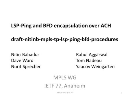 LSP-Ping and BFD encapsulation over ACH draft-nitinb-mpls-tp-lsp-ping-bfd-procedures Nitin BahadurRahul Aggarwal Dave WardTom Nadeau Nurit SprecherYaacov.