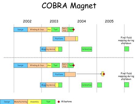 COBRA Magnet 2002200320042005 Test Milestone AssemblyDesignManufactoring DesignAss.TestWinding & Cryo. Deliv. PSI Test Platform Calibration Mapping device.