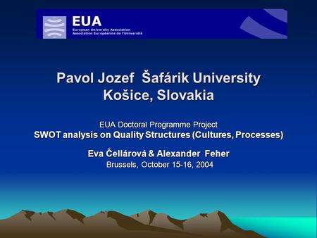 Pavol Jozef Šafárik University Košice, Slovakia EUA Doctoral Programme Project SWOT analysis on Quality Structures (Cultures, Processes) Eva Čellárová.