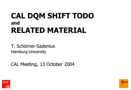 CAL DQM SHIFT TODO and RELATED MATERIAL T. Schörner-Sadenius Hamburg University CAL Meeting, 13 October 2004.