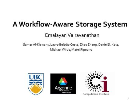 A Workflow-Aware Storage System Emalayan Vairavanathan 1 Samer Al-Kiswany, Lauro Beltrão Costa, Zhao Zhang, Daniel S. Katz, Michael Wilde, Matei Ripeanu.
