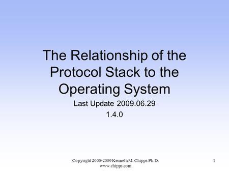 The Relationship of the Protocol Stack to the Operating System Last Update 2009.06.29 1.4.0 Copyright 2000-2009 Kenneth M. Chipps Ph.D. www.chipps.com.