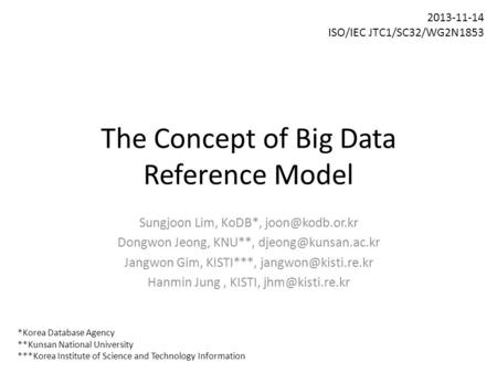 The Concept of Big Data Reference Model Sungjoon Lim, KoDB*, Dongwon Jeong, KNU**, Jangwon Gim, KISTI***,