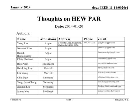 Submission doc.: IEEE 11-14/0026r1 January 2014 Yong Liu, et al.Slide 1 Thoughts on HEW PAR Date: 2014-01-20 Authors: