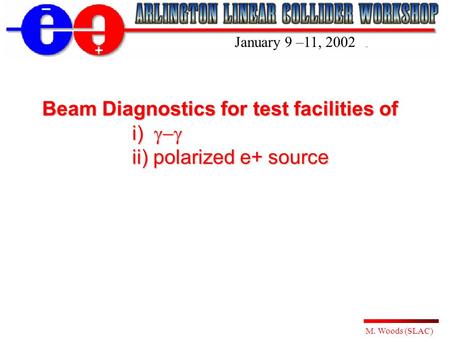 M. Woods (SLAC) Beam Diagnostics for test facilities of i)  ii) polarized e+ source January 9 –11, 2002.
