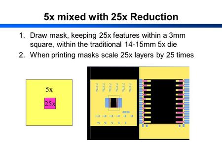 5x mixed with 25x Reduction 1.Draw mask, keeping 25x features within a 3mm square, within the traditional 14-15mm 5x die 2.When printing masks scale 25x.