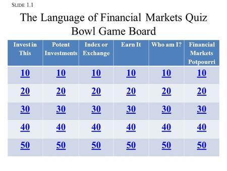 S LIDE 1.1 The Language of Financial Markets Quiz Bowl Game Board Invest in This Potent Investments Index or Exchange Earn It Who am I? Financial Markets.