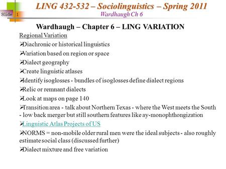 Wardhaugh – Chapter 6 – LING VARIATION