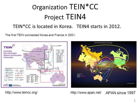Organization TEIN*CC Project TEIN4 TEIN*CC is located in Korea. TEIN4 starts in 2012. 1  APAN since 1997  The.