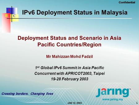 JAN 12, 2003 Confidential 1 Crossing borders. Changing lives A C B IPv6 Deployment Status in Malaysia Deployment Status and Scenario in Asia Pacific Countries/Region.