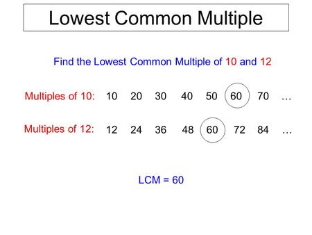 Lowest Common Multiple Find the Lowest Common Multiple of 10 and 12 Multiples of 12: Multiples of 10: 12243648 102030405060 LCM = 60 607284 70 … …