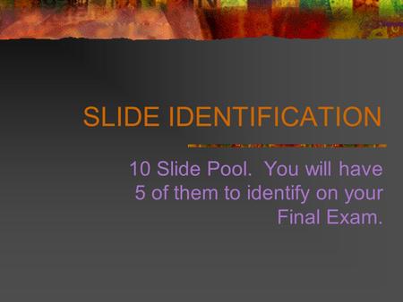 SLIDE IDENTIFICATION 10 Slide Pool. You will have 5 of them to identify on your Final Exam.
