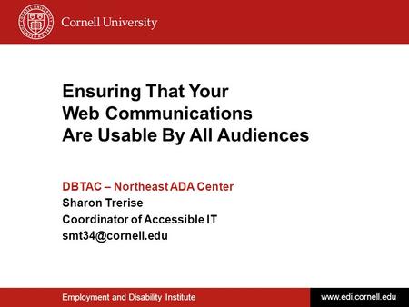 1 Ensuring That Your Web Communications Are Usable By All Audiences DBTAC – Northeast ADA Center Sharon Trerise Coordinator of Accessible IT