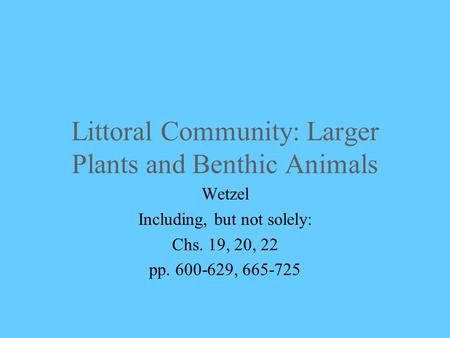 Littoral Community: Larger Plants and Benthic Animals Wetzel Including, but not solely: Chs. 19, 20, 22 pp. 600-629, 665-725.