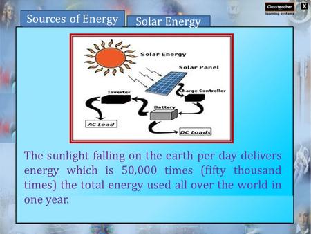 The sunlight falling on the earth per day delivers energy which is 50,000 times (fifty thousand times) the total energy used all over the world in one.