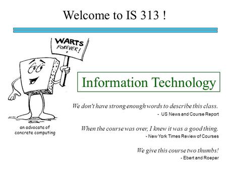 Welcome to IS 313 ! When the course was over, I knew it was a good thing. We don't have strong enough words to describe this class. Information Technology.