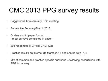 CMC 2013 PPG survey results Suggestions from January PPG meeting Survey live February/March 2013 On-line and in paper format - most surveys completed in.