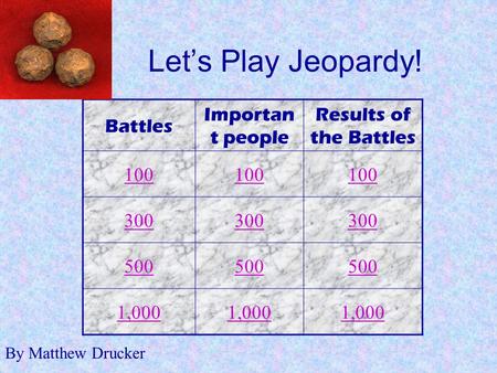Let’s Play Jeopardy! Battles Importan t people Results of the Battles 100 300 500 1,000 By Matthew Drucker.