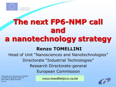 The next FP6-NMP call and a nanotechnology strategy Renzo TOMELLINI Head of Unit “Nanosciences and Nanotechnologies” Directorate “Industrial Technologies”
