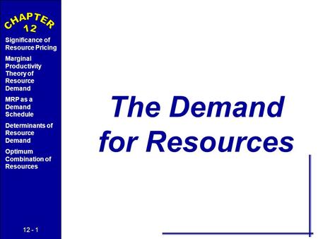 12 - 1 Significance of Resource Pricing Marginal Productivity Theory of Resource Demand MRP as a Demand Schedule Determinants of Resource Demand Optimum.