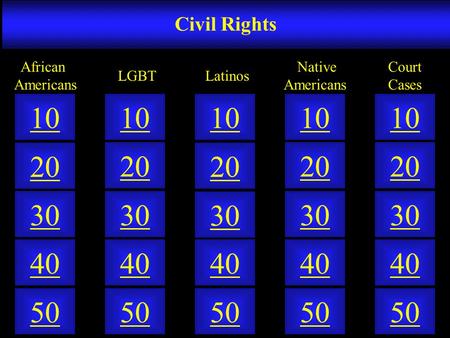 Civil Rights 50 40 10 20 30 50 40 10 20 30 50 40 10 20 30 50 40 10 20 30 50 40 10 20 30 LGBT African Americans Latinos Native Americans Court Cases.