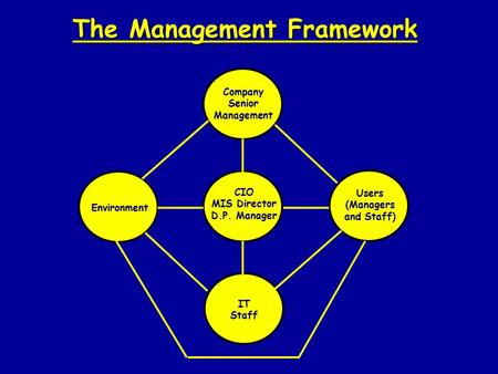 The Management Framework Company Senior Management Environment CIO MIS Director D.P. Manager Users (Managers and Staff) IT Staff.