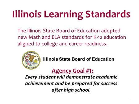Illinois Learning Standards The Illinois State Board of Education adopted new Math and ELA standards for K-12 education aligned to college and career readiness.