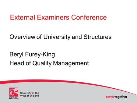 External Examiners Conference Overview of University and Structures Beryl Furey-King Head of Quality Management.