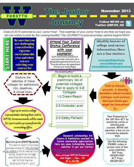 Class of 2015 welcome to your Junior Year! This roadmap of your Junior Year is one that we hope you will use wisely to plan for the coming months! The.