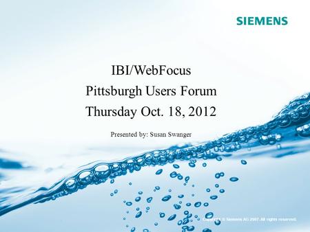 Page 1 Water Technologies IBI/WebFocus Pittsburgh Users Forum Thursday Oct. 18, 2012 Presented by: Susan Swanger Copyright © Siemens AG 2007. All rights.