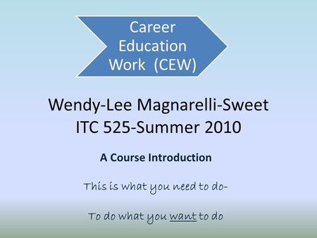 Wendy-Lee Magnarelli-Sweet ITC 525-Summer 2010 A Course Introduction This is what you need to do- To do what you want to do Career Education Work (CEW)