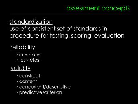 Assessment concepts reliability validity inter-rater test-retest construct content concurrent/descriptive predictive/criterion standardization use of consistent.